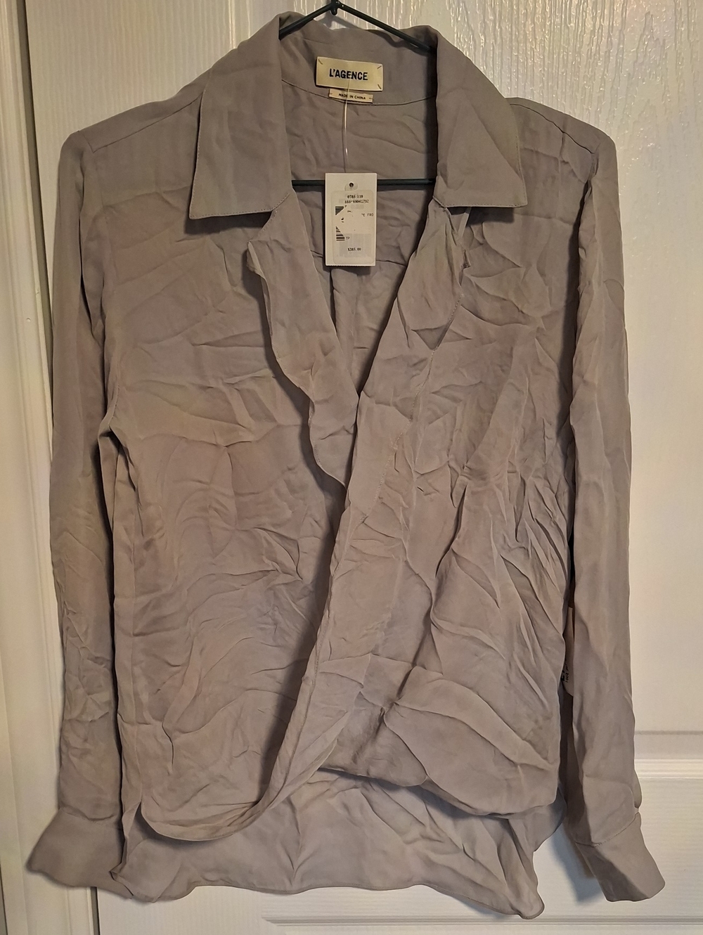 L'AGENCE Pale Gray Silk Wrap Blouse